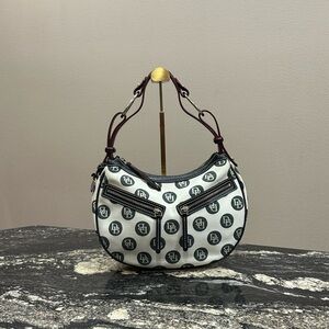 Dooney & Bourke Y2K White Logo Crescent Shoulder Bag with Dark Brown Trim